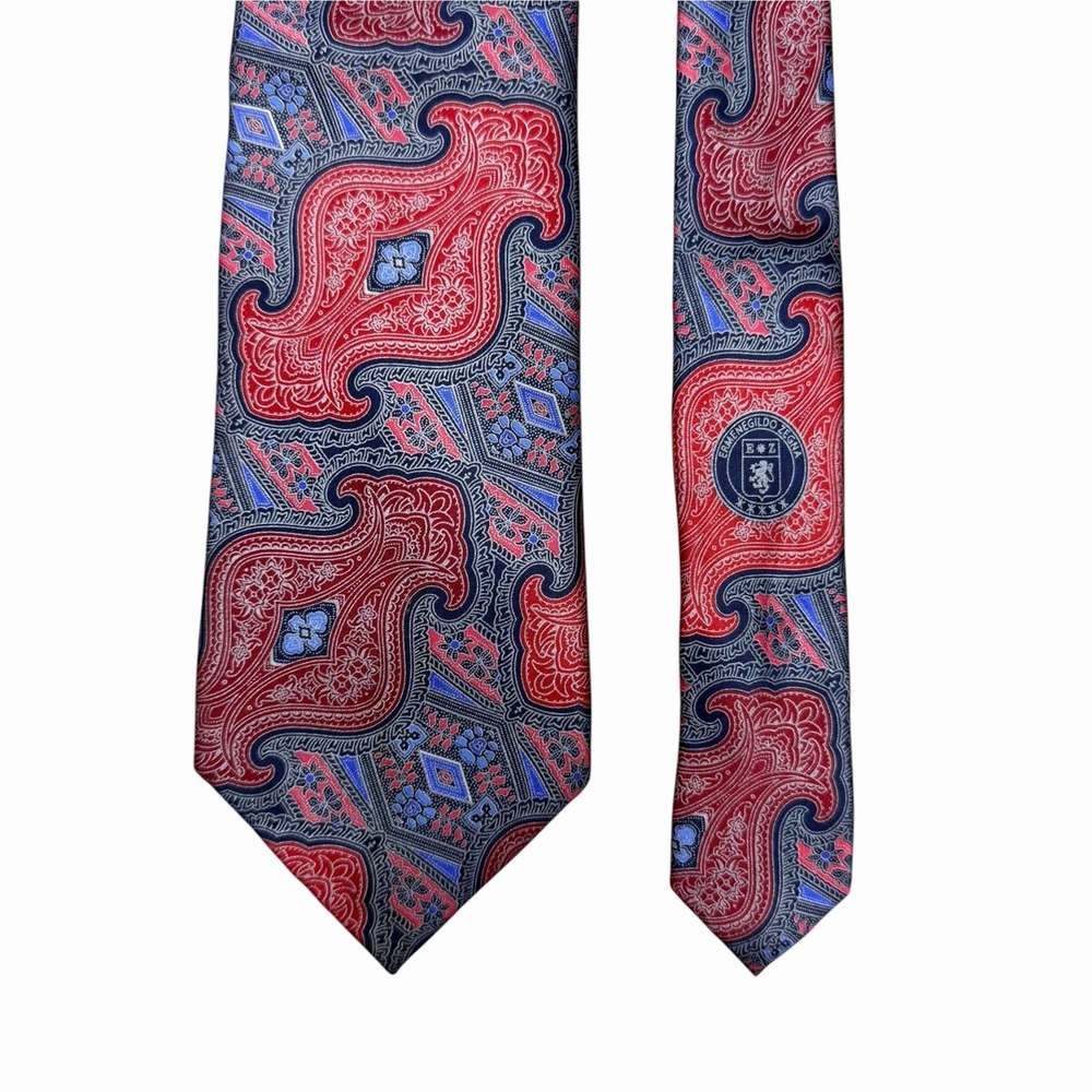 Ermenegildo Zegna Men's Recent Tie Red/Blue AOP Paisley Satin Silk 3 5/8" 60.75"